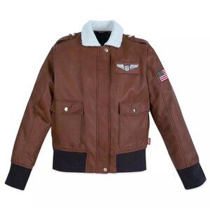Disney Store Captain Marvel Brown Faux‎ Leather Bomber Jacket Patch Small Unisex
